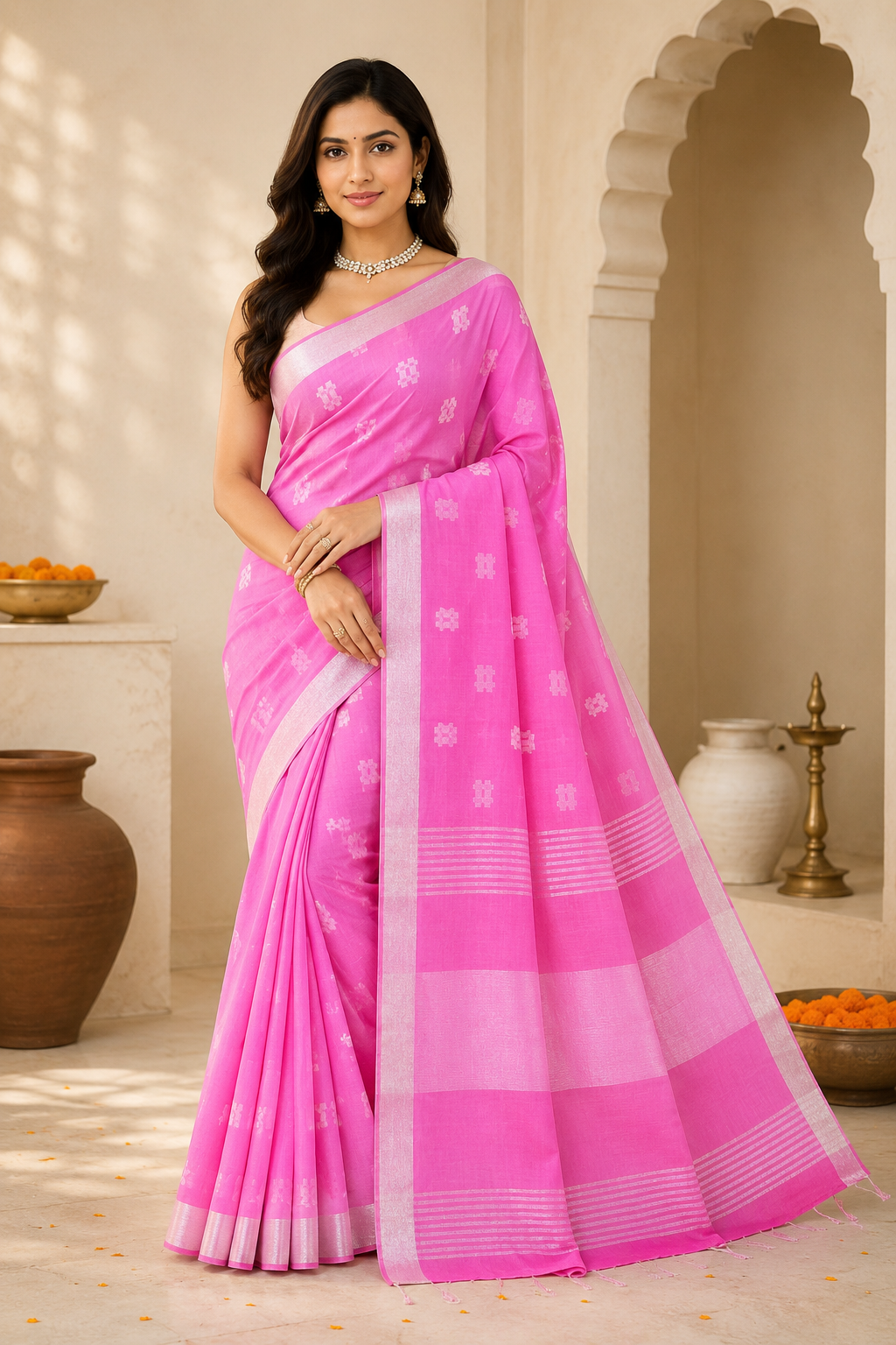Pure Lilen Saree Stitch Work| Pink
