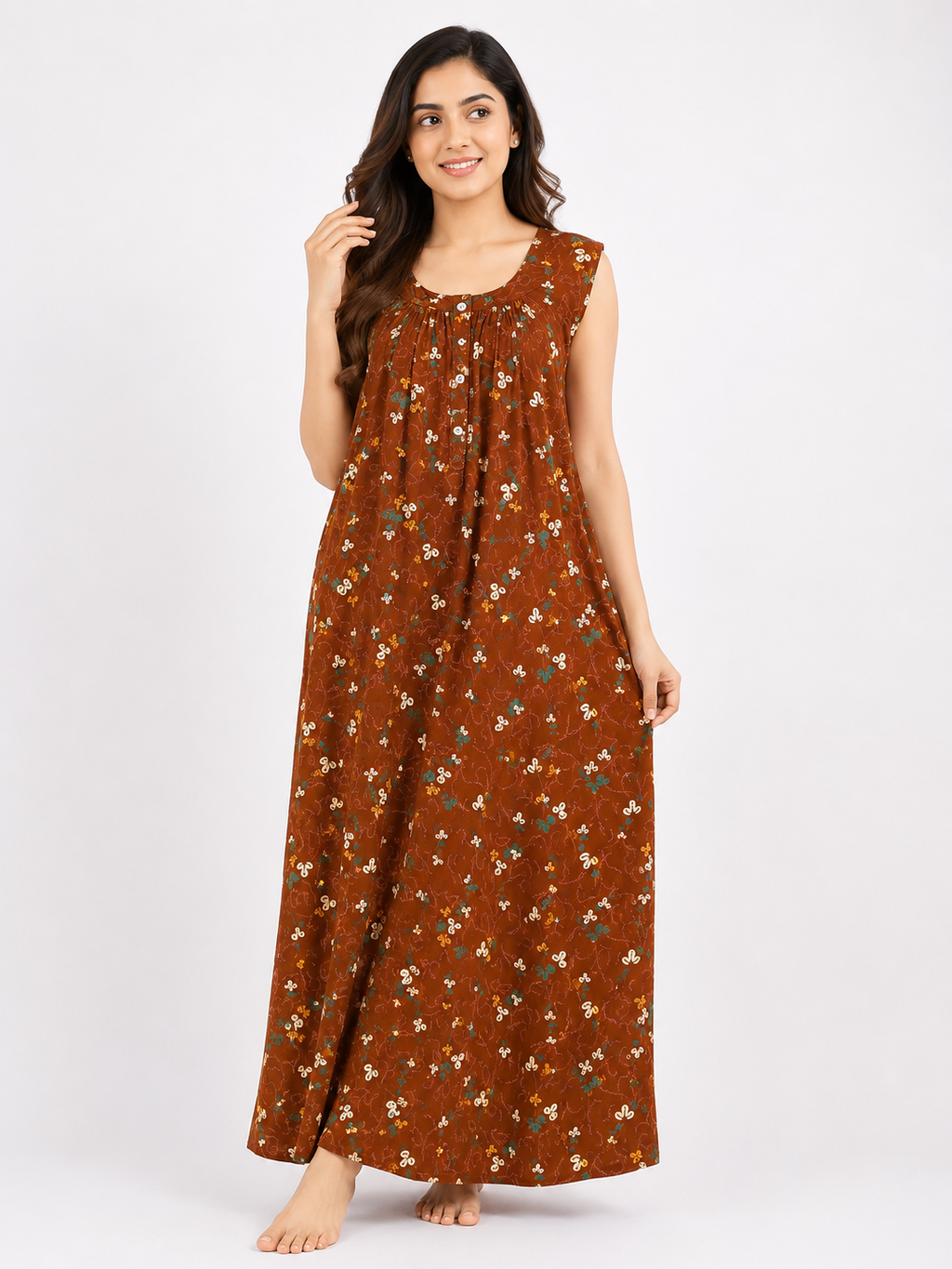 Pure Cotton Sleeveless Nighty |Brown