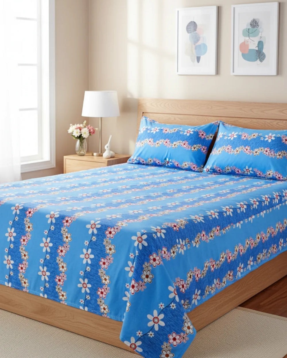 Medium| Pure Cotton Double Sheet Set (5ft x 7ft) + 2 Pillow Covers |Blue
