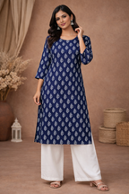 3XL Size| Basic Cotton Printed Kurti | Blue