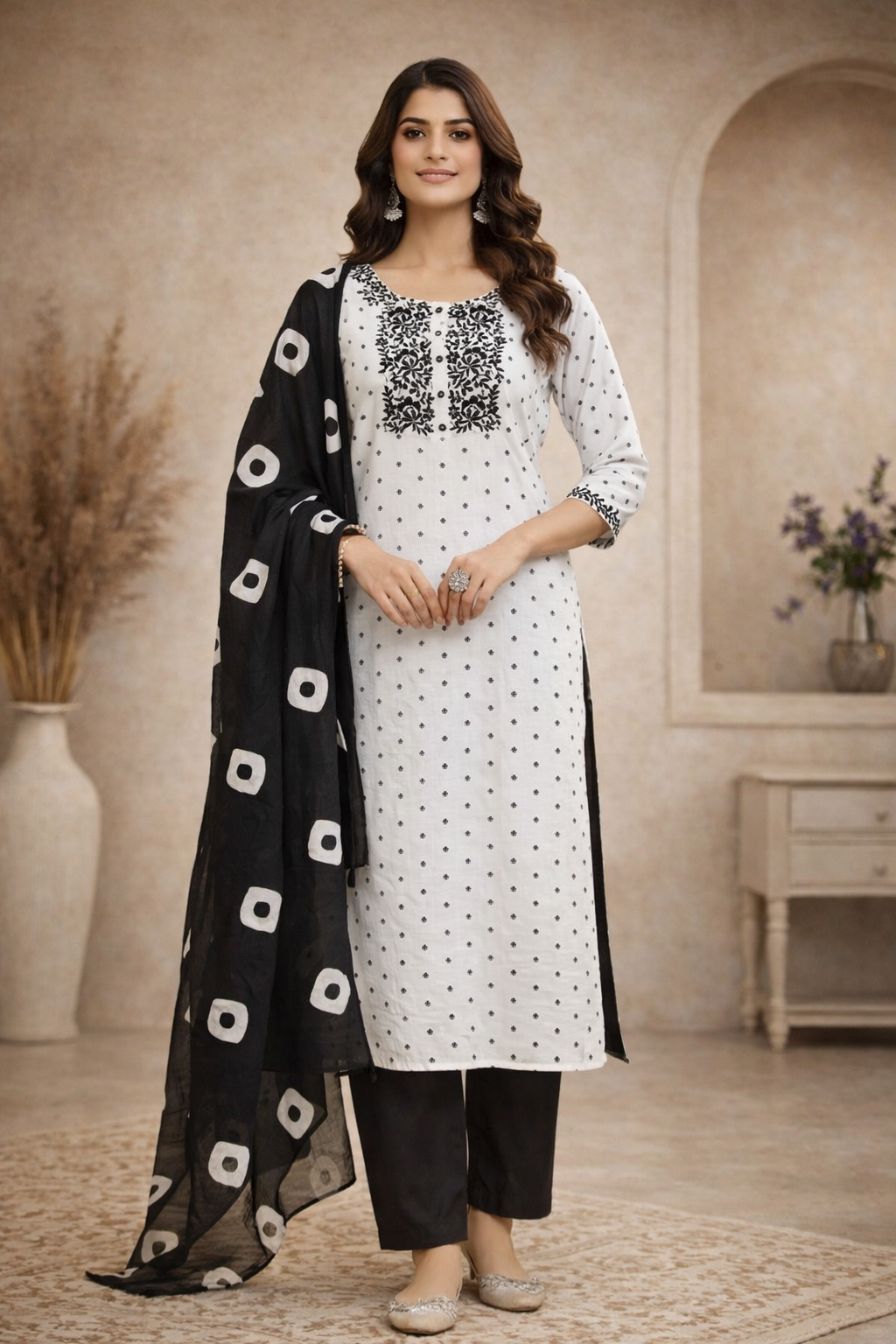 XXL SIZE| Premium Cotton 3 Pieces Stitched  Kurti/Salwar Suit| White