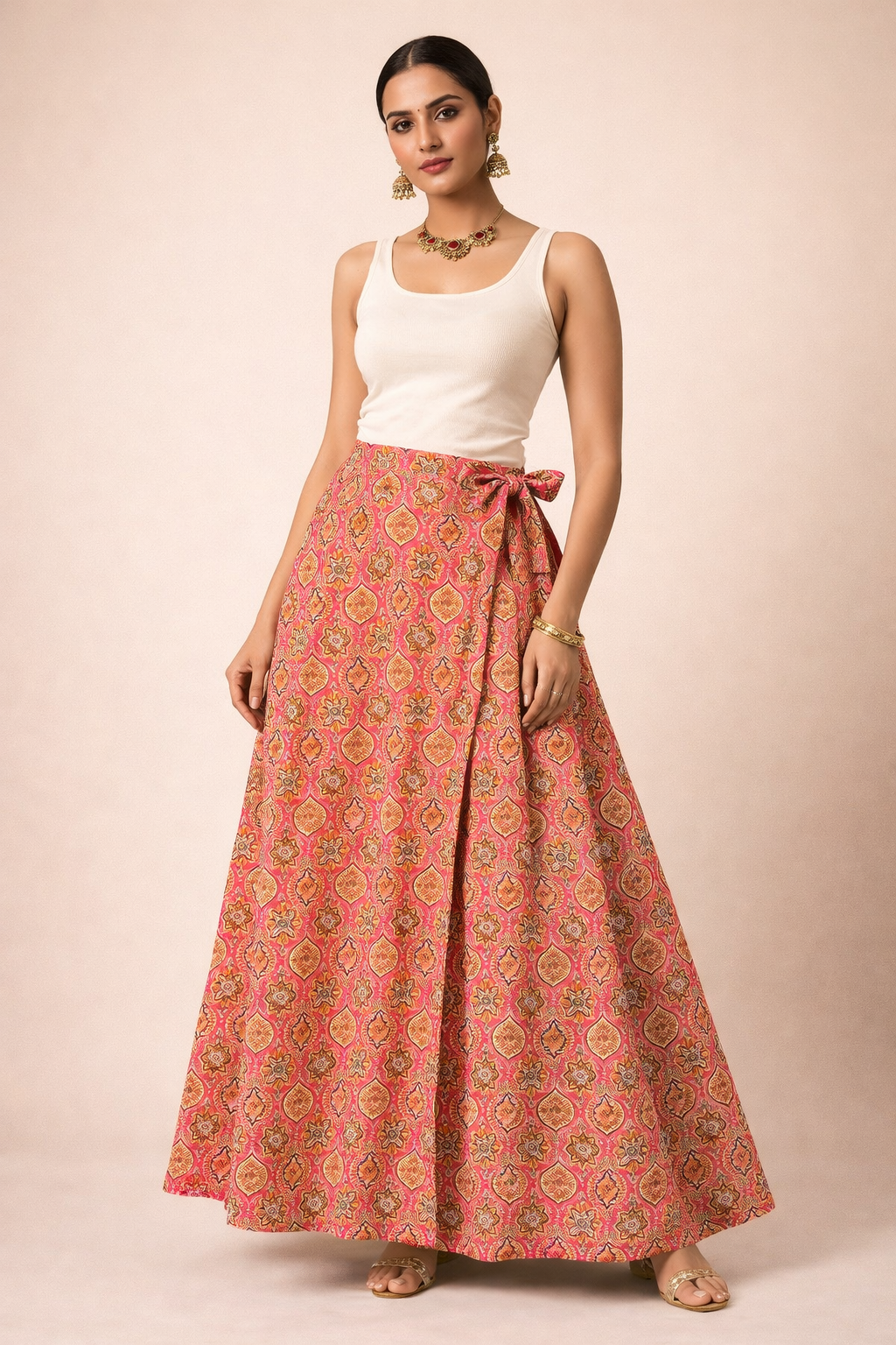 Ladies Cotton Printed Wrapper Skirt| Peach