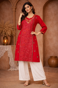XXL Size|Cotton Katha Stitched V Neck Kurti | Red