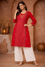 XXL Size|Cotton Katha Stitched V Neck Kurti | Red