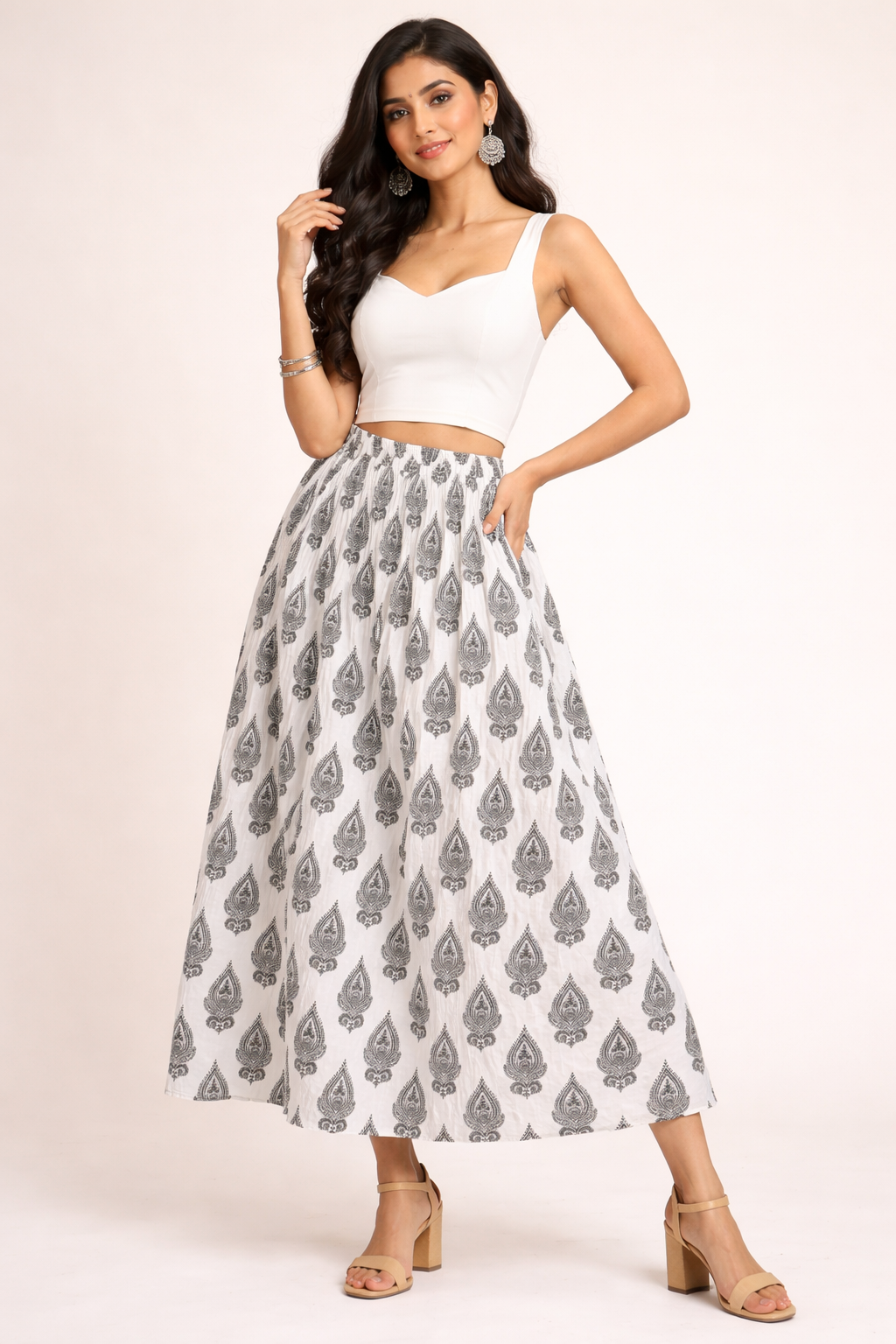 Ladies Cotton Printed Skirt| White