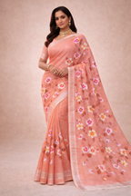 Hand Print Resham Kota Saree| Peach