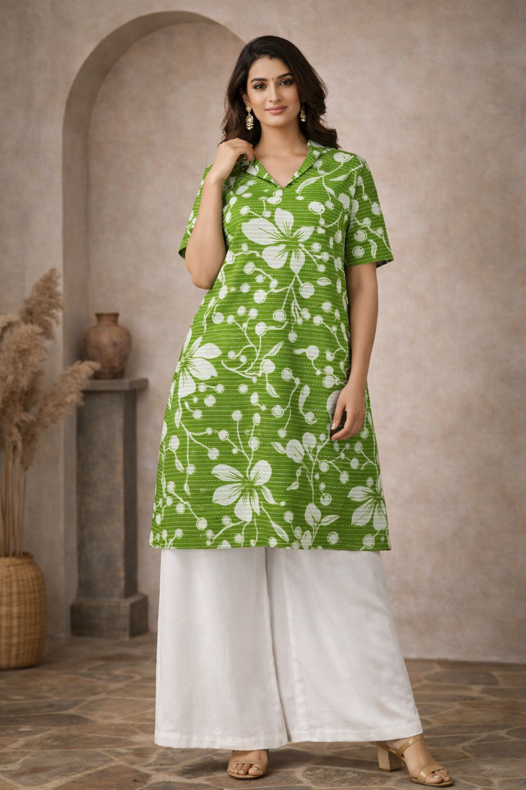 XL Size| Pure Cotton Printed Kurti With Collar | Green