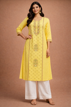 M Size| Rayon Printed Kurti | Yellow