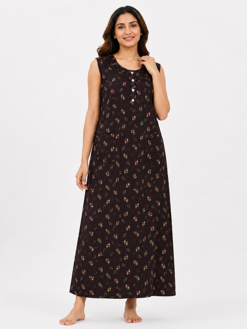 Pure Cotton Half Sleeveless Allen Cut Nighty | Brown
