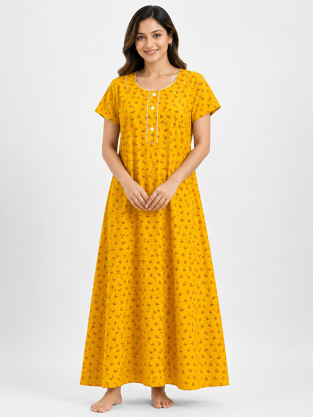 XXL Size| Pure Cotton Round Neck Sleeve Nighty | Yellow