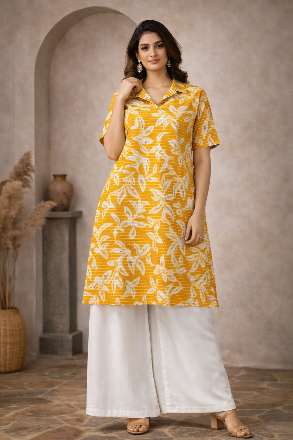 XL Size| Pure Cotton Printed Kurti With Collar | Yellow