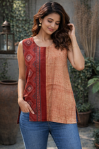 XL SIZE |COTTON AJRAK SHORT SLEEVELESS KURTI | Red