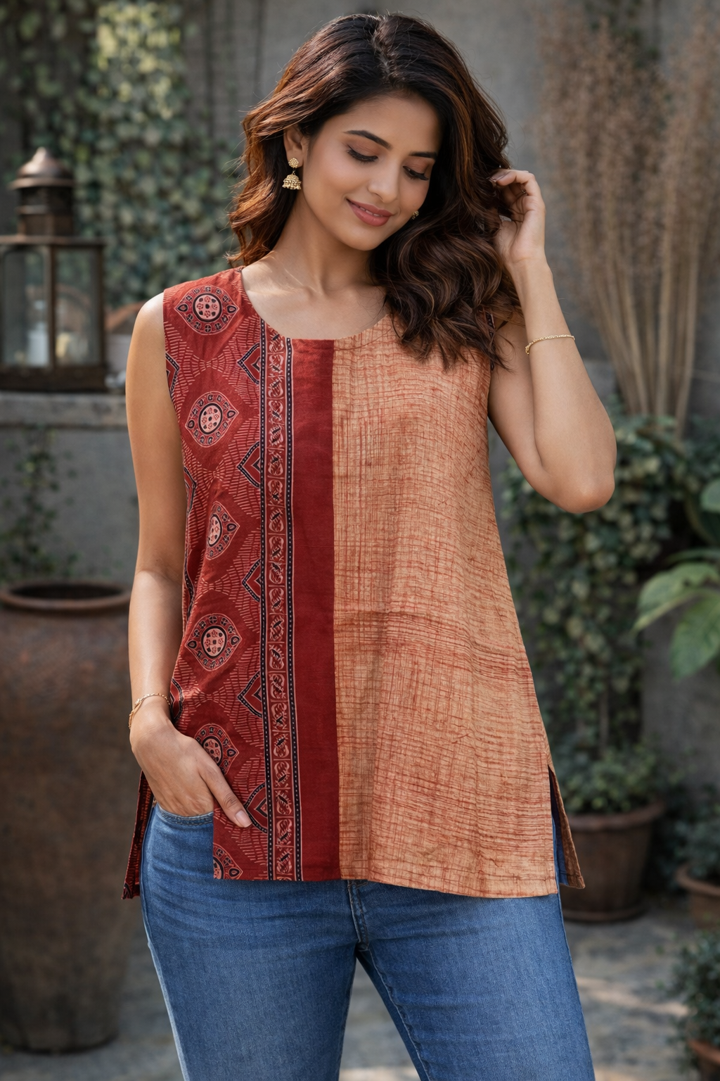 XL SIZE |COTTON AJRAK SHORT SLEEVELESS KURTI | Red