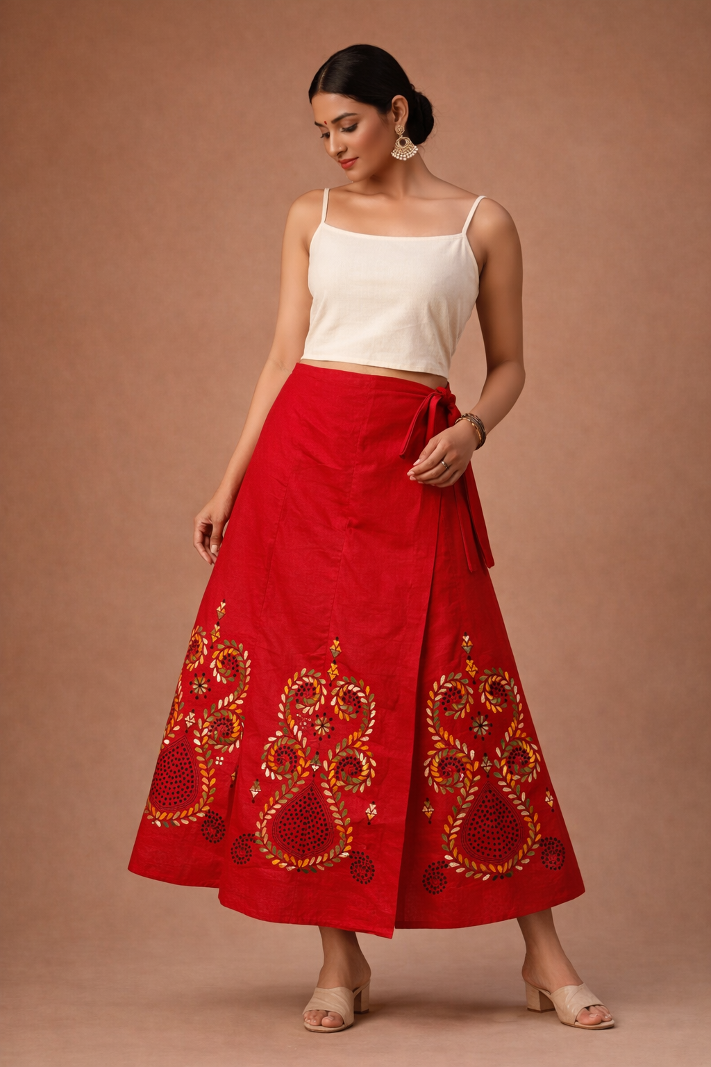 Ladies Cotton Stitched Wrapper Skirt| Red