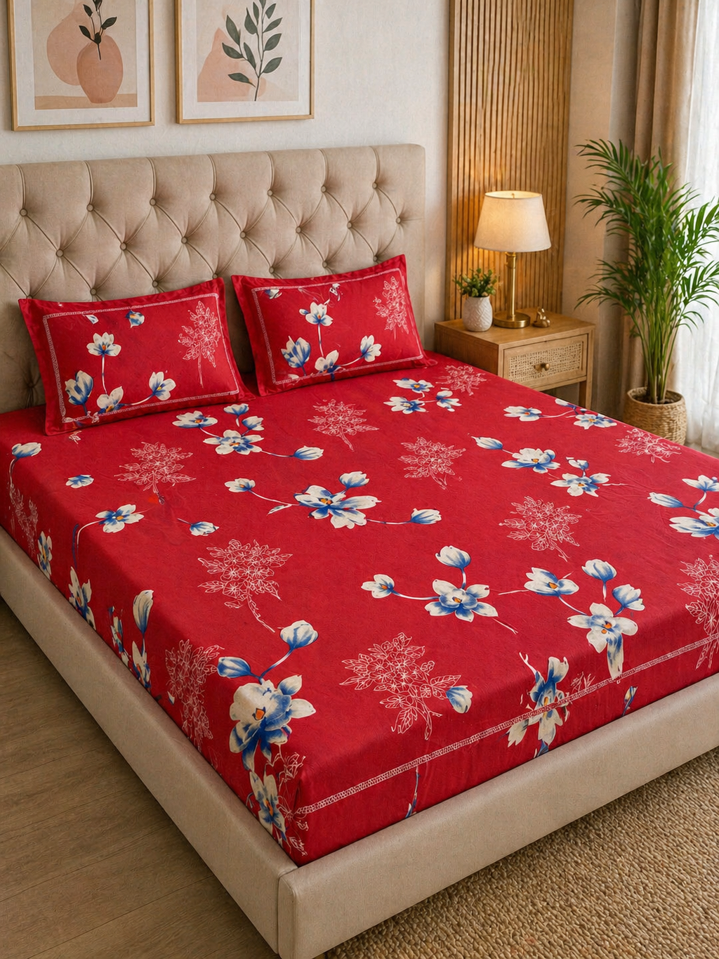 Vani|Queen Cotton Bed Set (6ft x 7ft)| Red