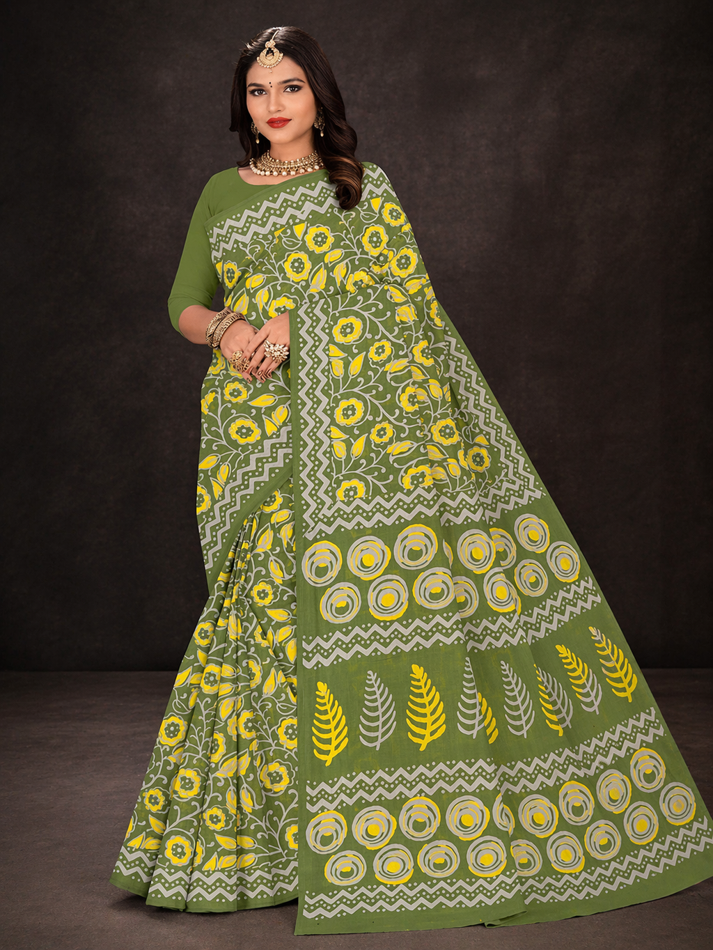 Bagru Cotton Printed Saree| Green