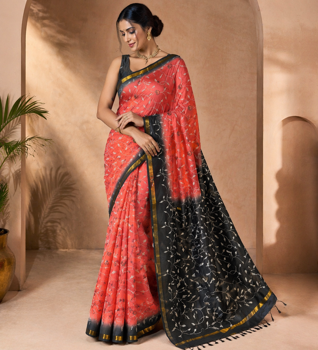 Silk Saree With Stitched Work| Orange