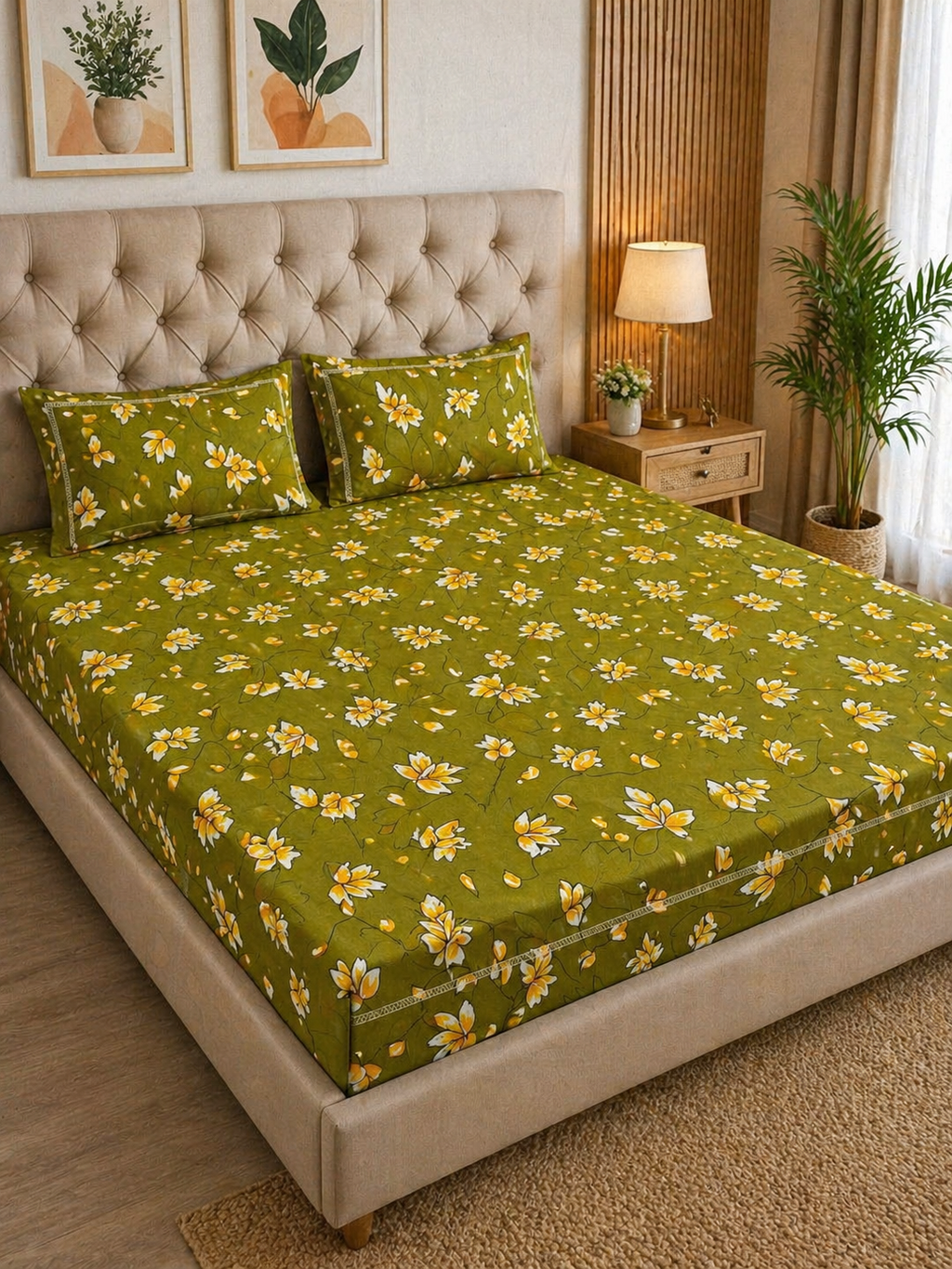 Vani|Queen Cotton Bed Set (6ft x 7ft)| Green