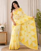 Pure Resham Kota Stitch work Applique  Cotton Saree| Yellow