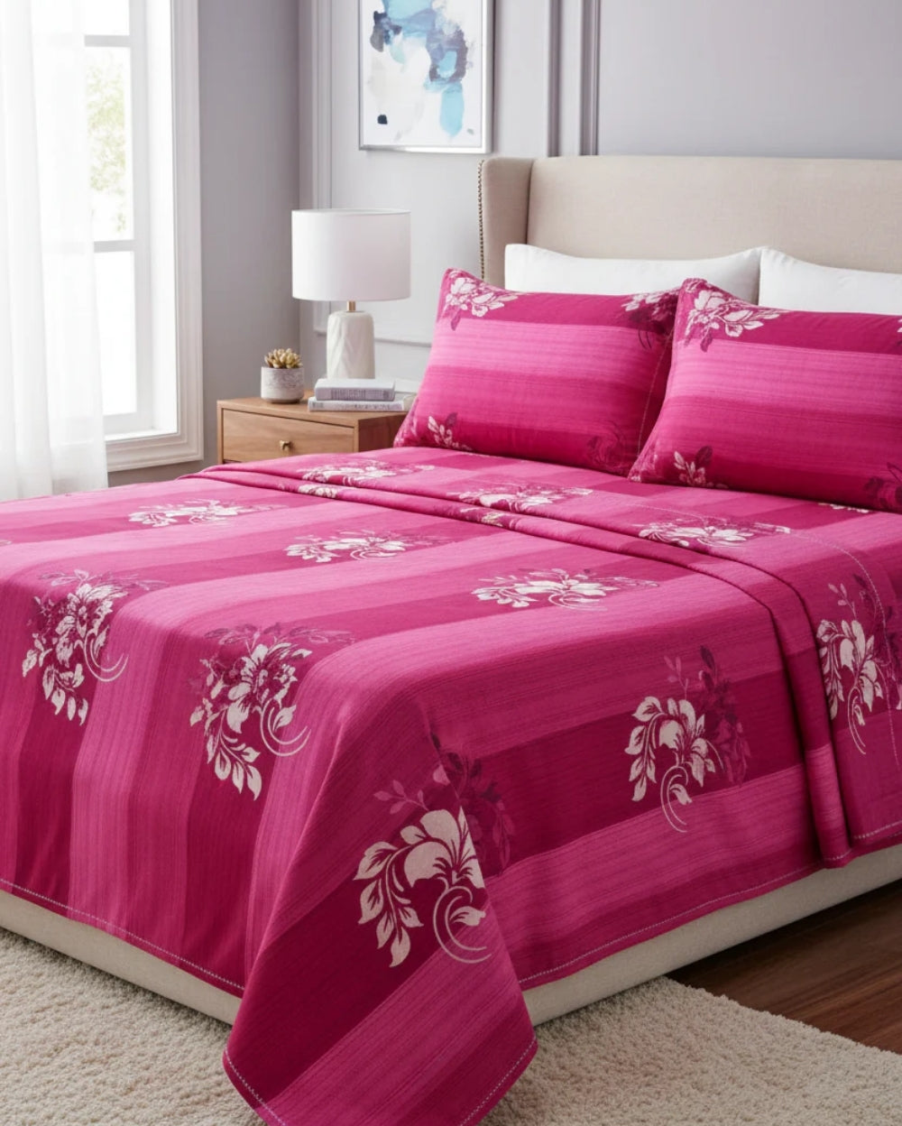 Medium| Pure Cotton Double Sheet Set (5ft x 7ft) + 2 Pillow Covers |Pink