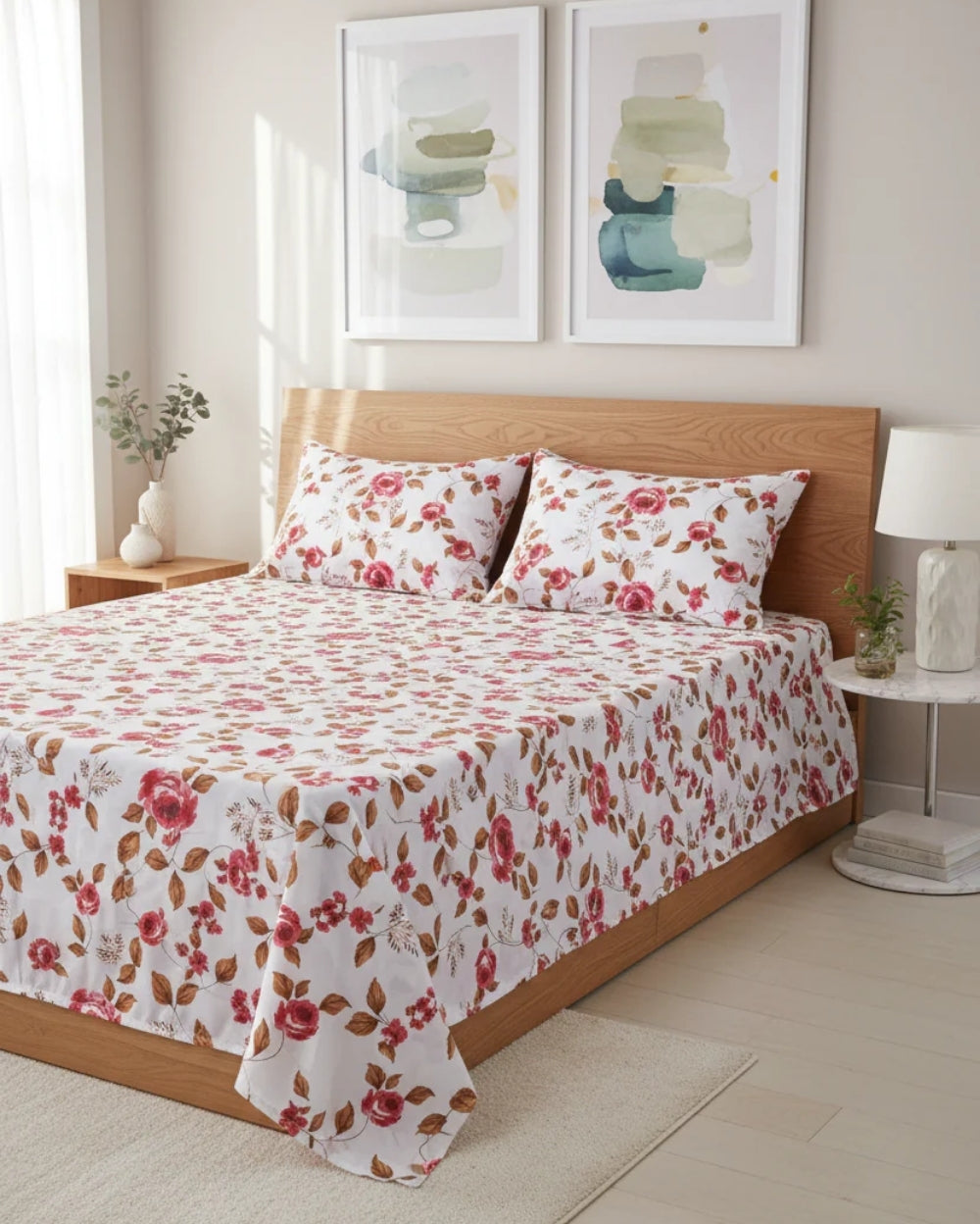 Medium| Pure Cotton Double Sheet Set (5ft x 7ft) + 2 Pillow Covers | White