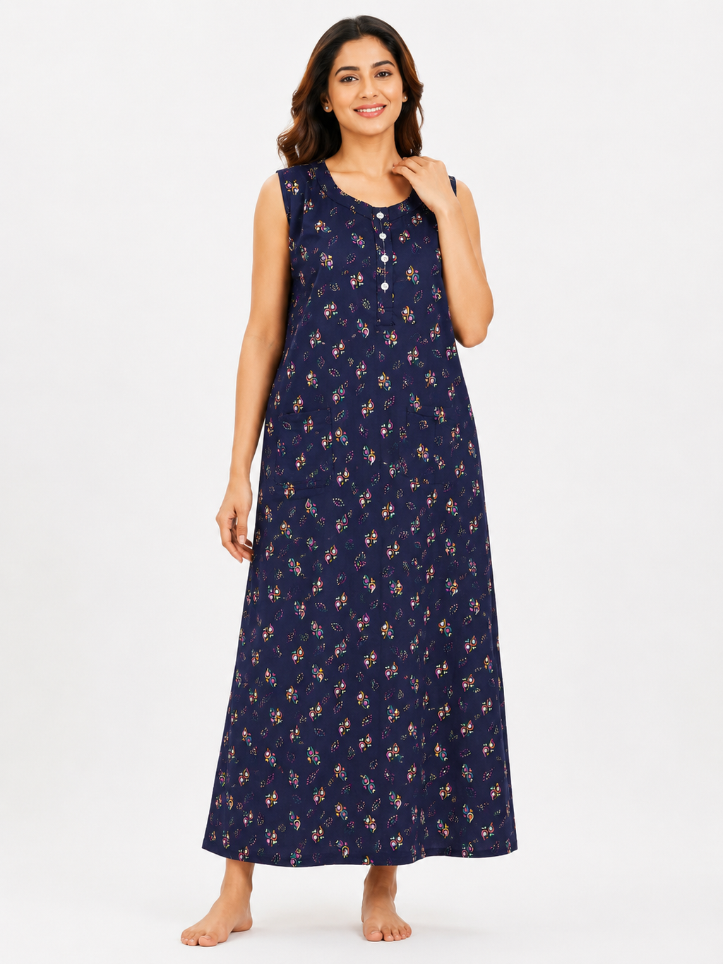 Pure Cotton Half Sleeveless Allen Cut Nighty | Blue