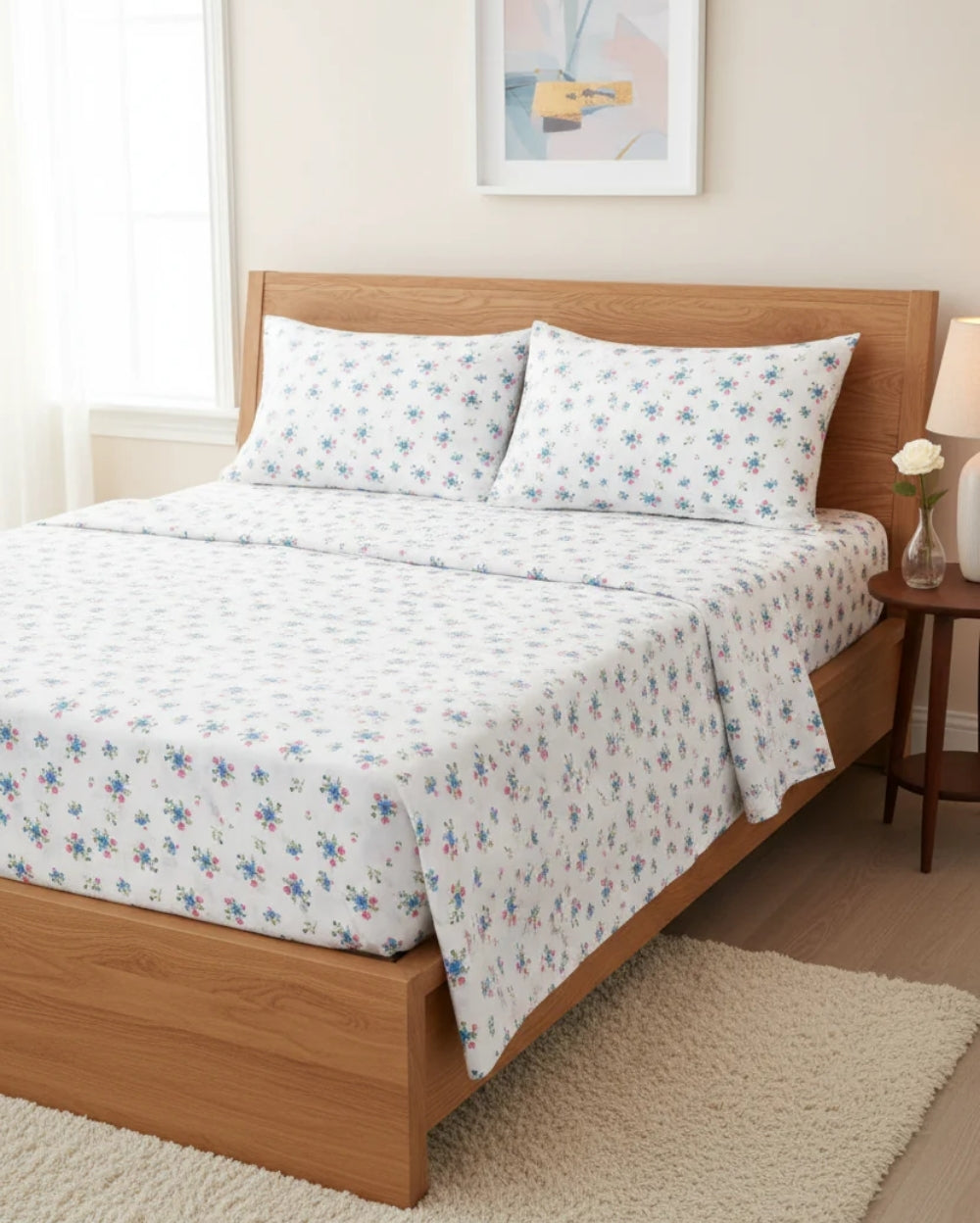 Medium| Pure Cotton Double Sheet Set (5ft x 7ft) + 2 Pillow Covers | White