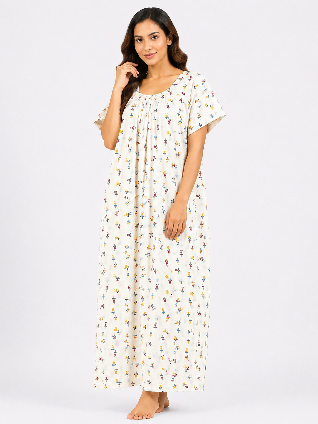 Pure Cotton Half Sleeve Nighty | White