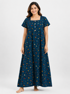 Pure Cotton Half Sleeve Allen Cut Nighty | Blue