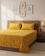 Medium| Pure Cotton Double Sheet Set (5ft x 7ft) + 2 Pillow Covers | Yellow