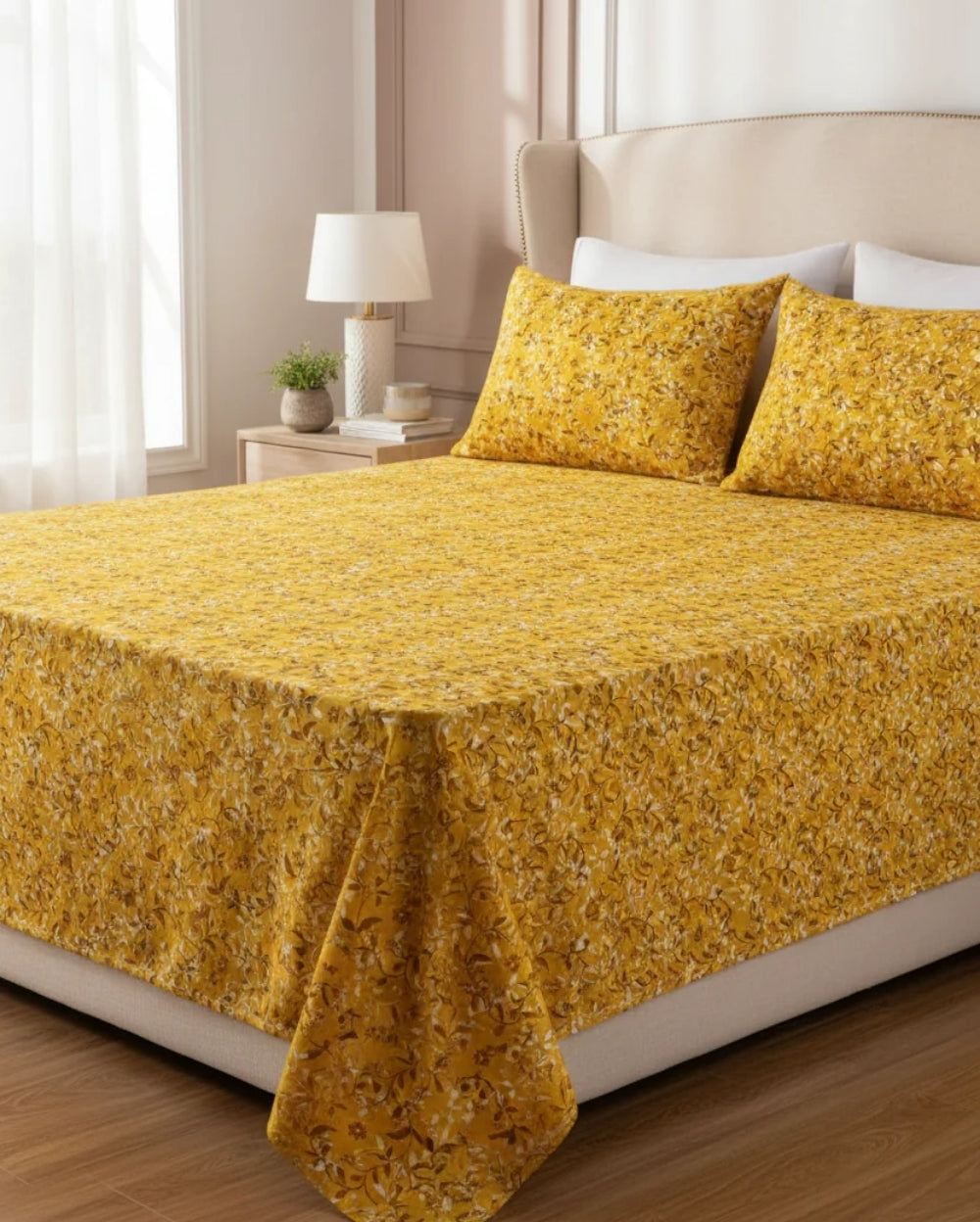 Medium| Pure Cotton Double Sheet Set (5ft x 7ft) + 2 Pillow Covers | Yellow