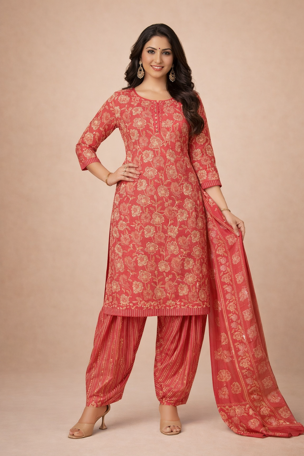 XXL SIZE| Budget Cotton 3 Pieces Printed  Kurti/Salwar Suit| Peach