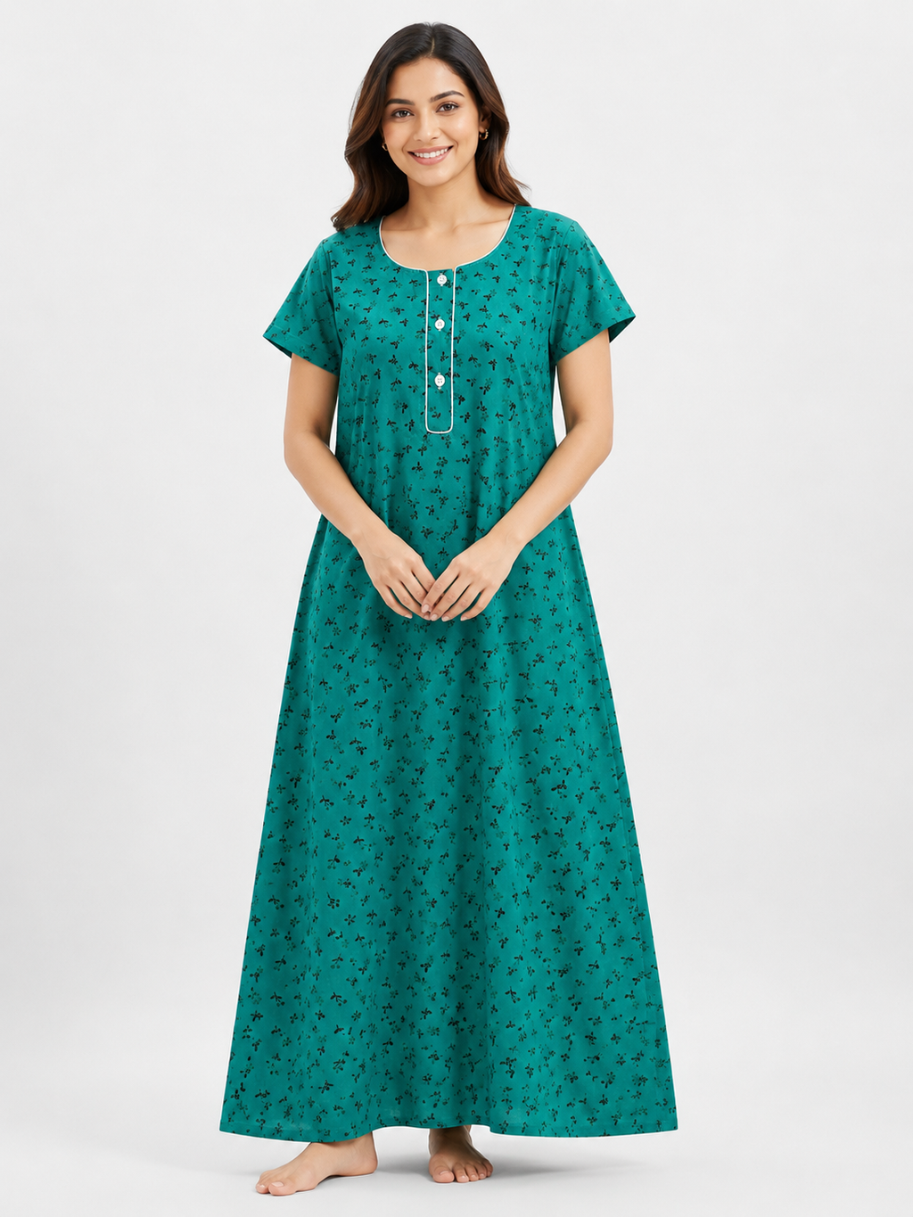 XXL Size| Pure Cotton Round Neck Sleeve Nighty | Green