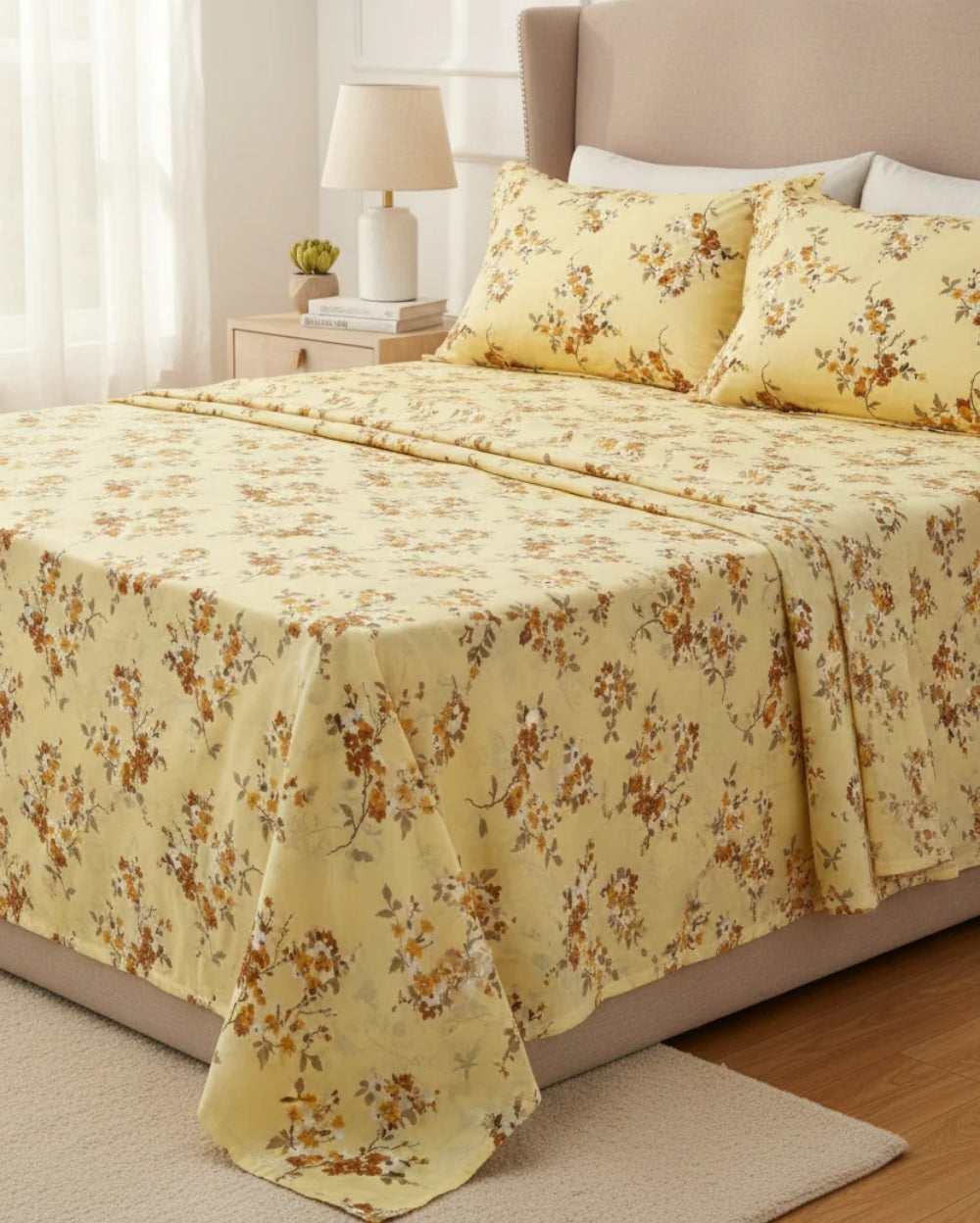 Medium| Pure Cotton Double Sheet Set (5ft x 7ft) + 2 Pillow Covers | Yellow