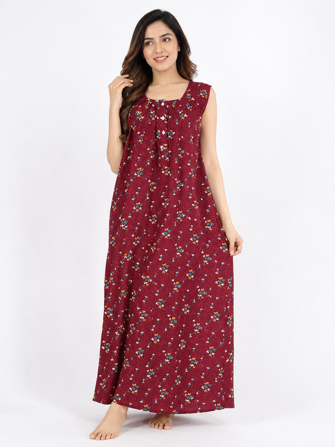 Pure Cotton Sleeveless Nighty | Maroon