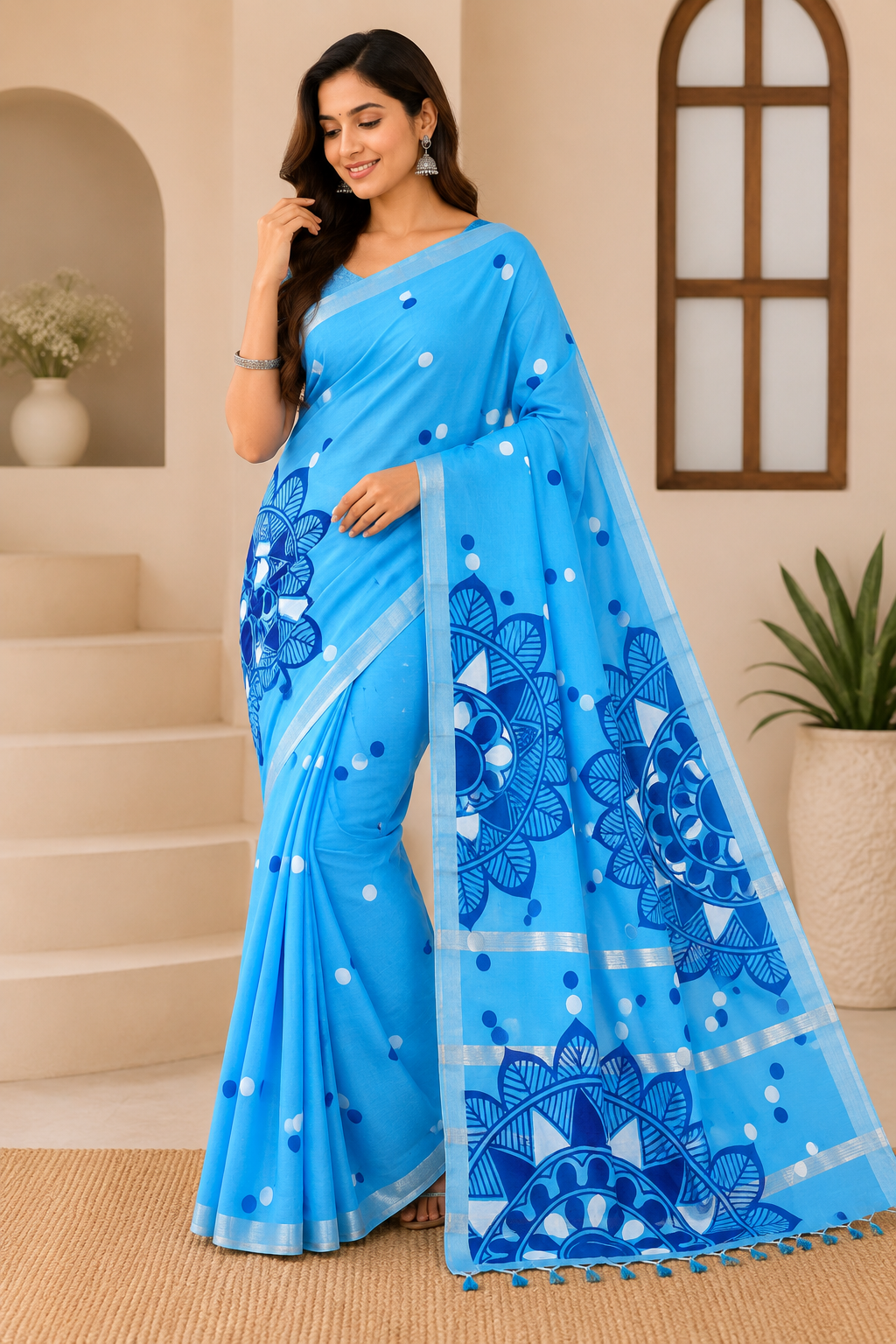 Pure Lilen Saree Fabric Work| Blue