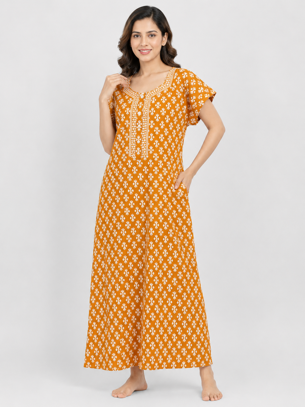Pure Cotton Half Sleeve Allen Cut Nighty | Yellow