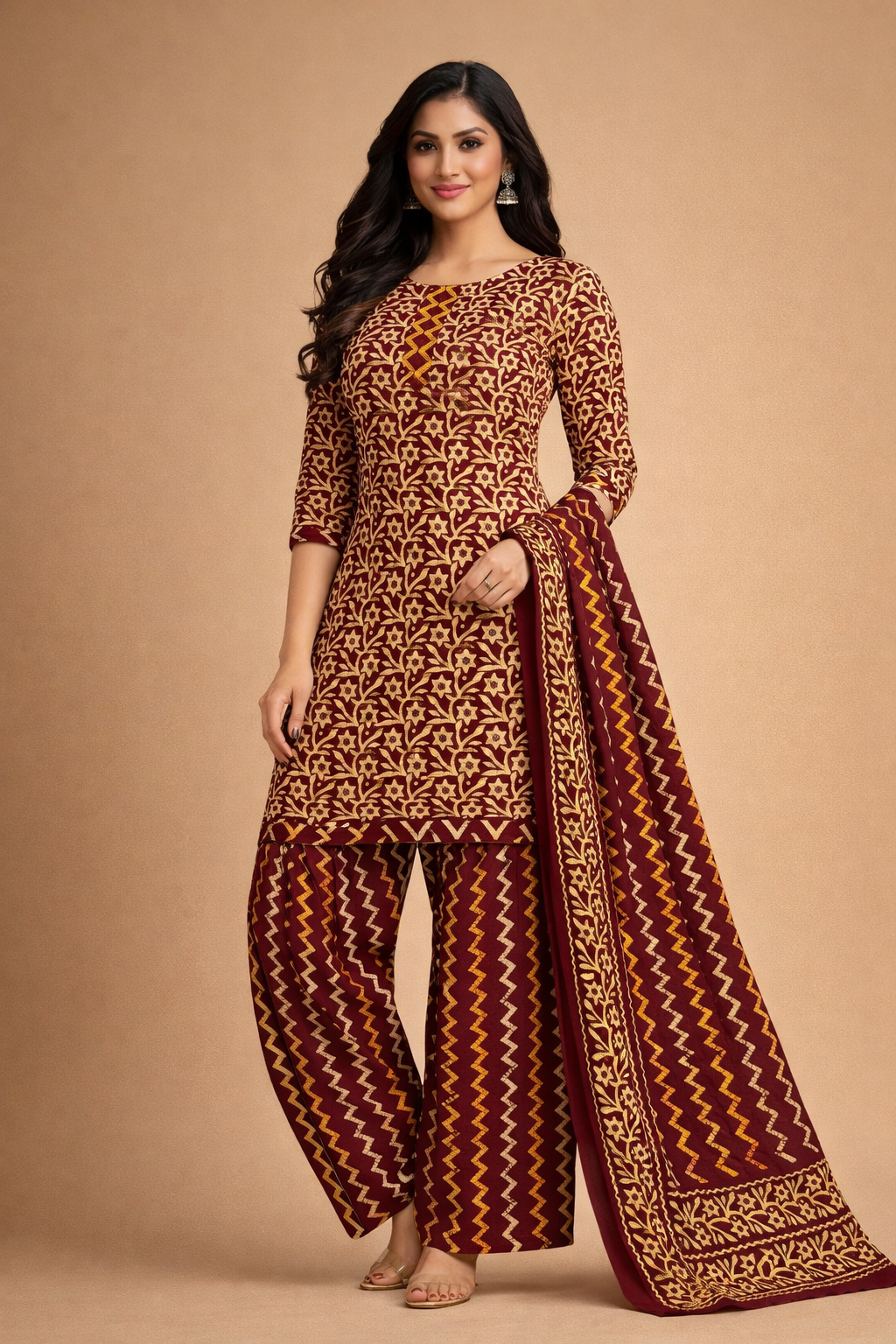 L SIZE| Budget Cotton 3 Pieces Printed  Kurti/Salwar Suit| Maroon