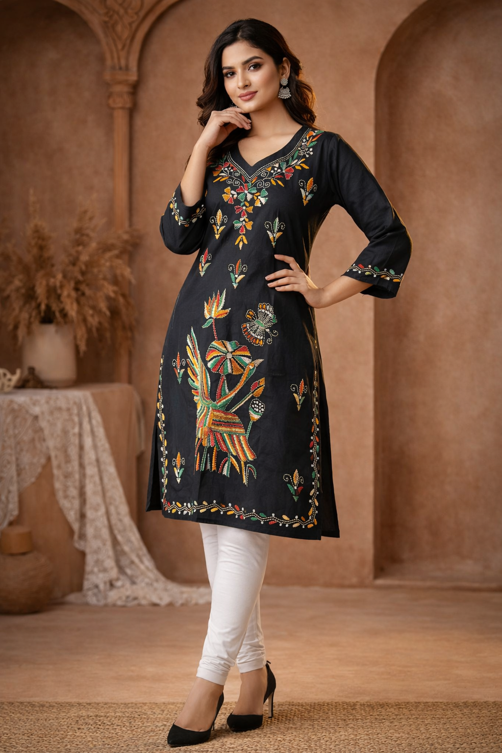 XXL Size|Cotton Katha Stitched V Neck Kurti | Black