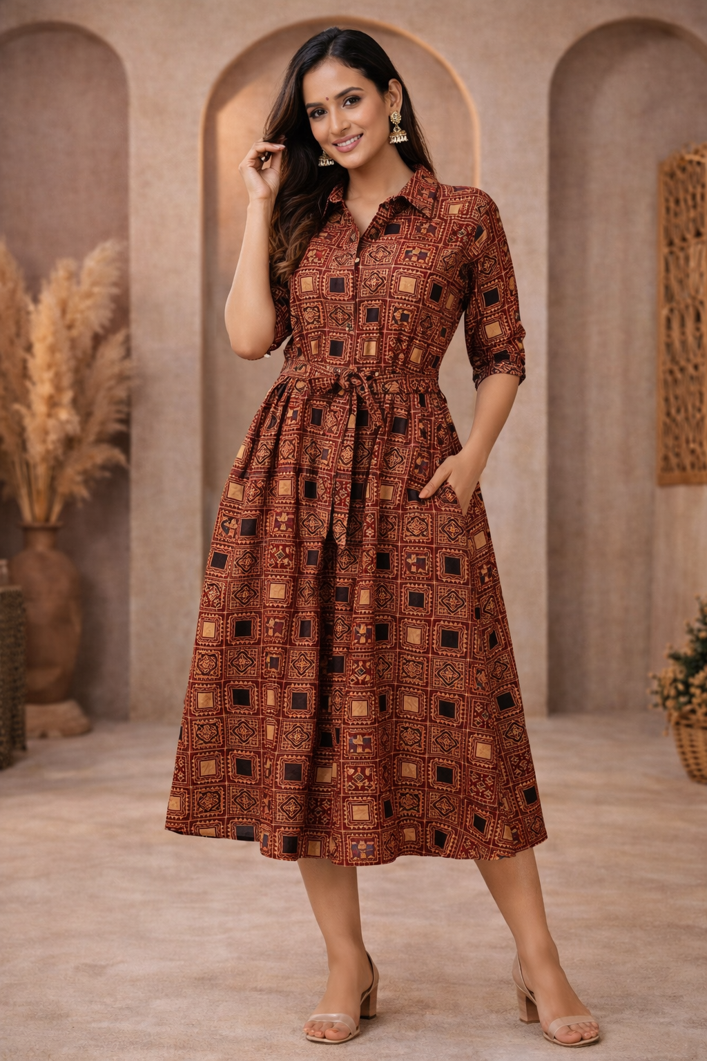 3XL Size| Cotton Azrak Printed Frock Pattern Collar Gown/one piece| Red