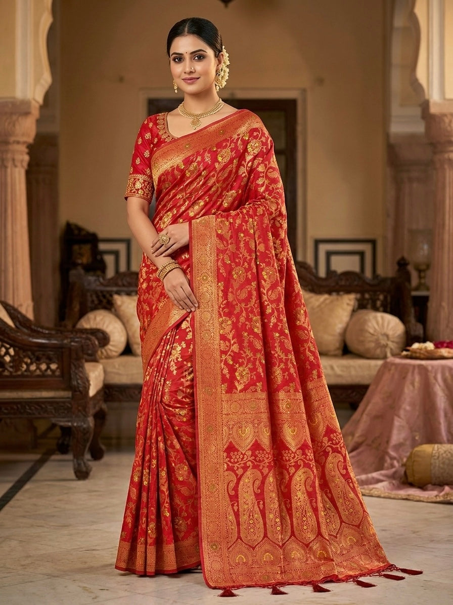 Jaal Katan Raw Silk Saree| Red