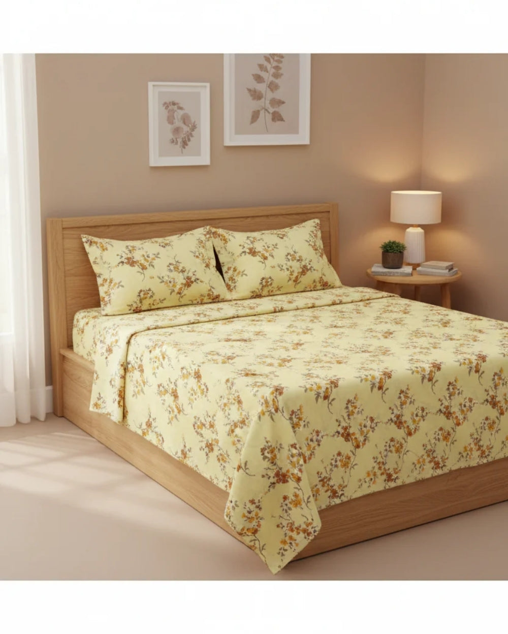 Medium| Pure Cotton Double Sheet Set (5ft x 7ft) + 2 Pillow Covers | Yellow