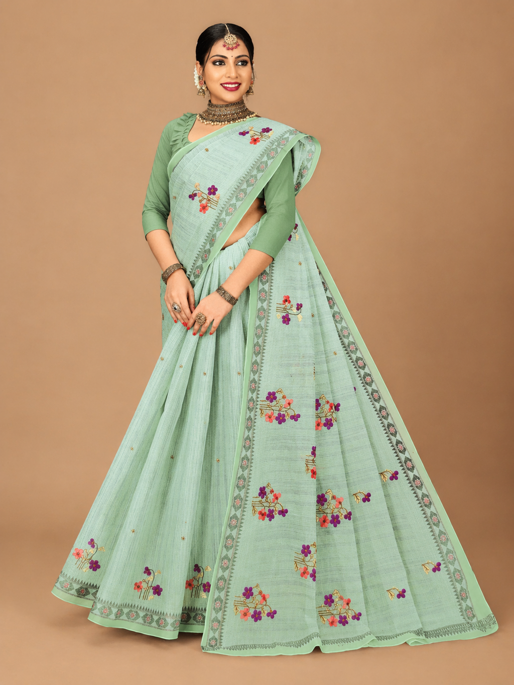 Pure Cotton Stitch work Saree| Green