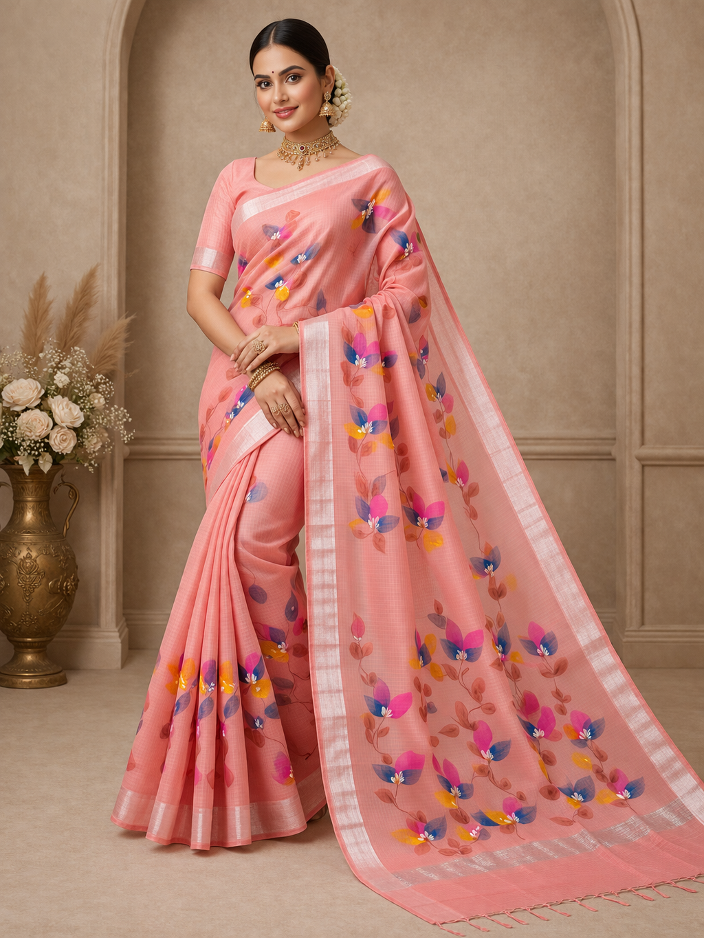 Hand Print Resham Kota Saree| Peach