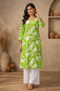 L Size| Basic Cotton Printed Kurti | Green