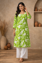 L Size| Basic Cotton Printed Kurti | Green