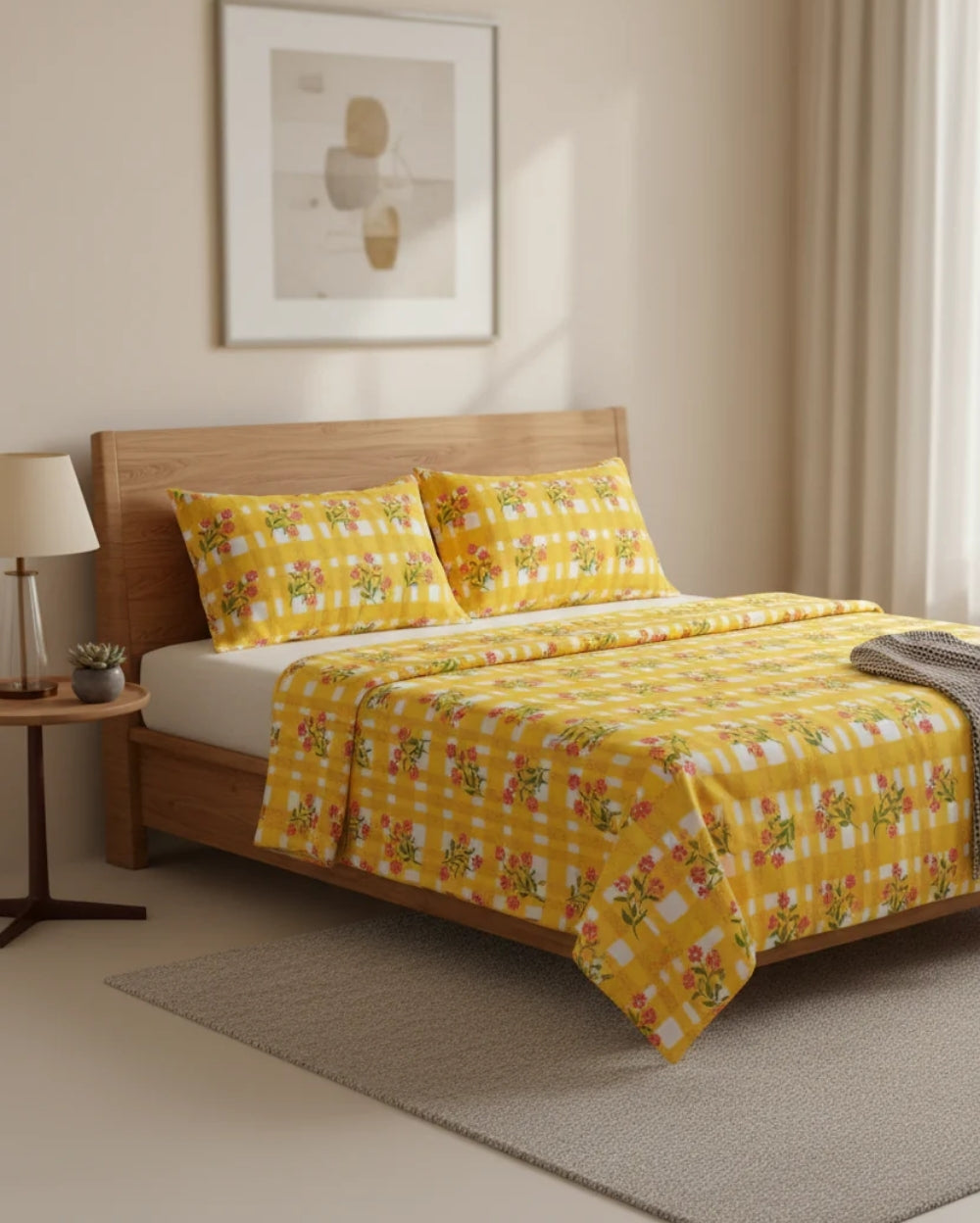 Medium| Pure Cotton Double Sheet Set (5ft x 7ft) + 2 Pillow Covers | Yellow