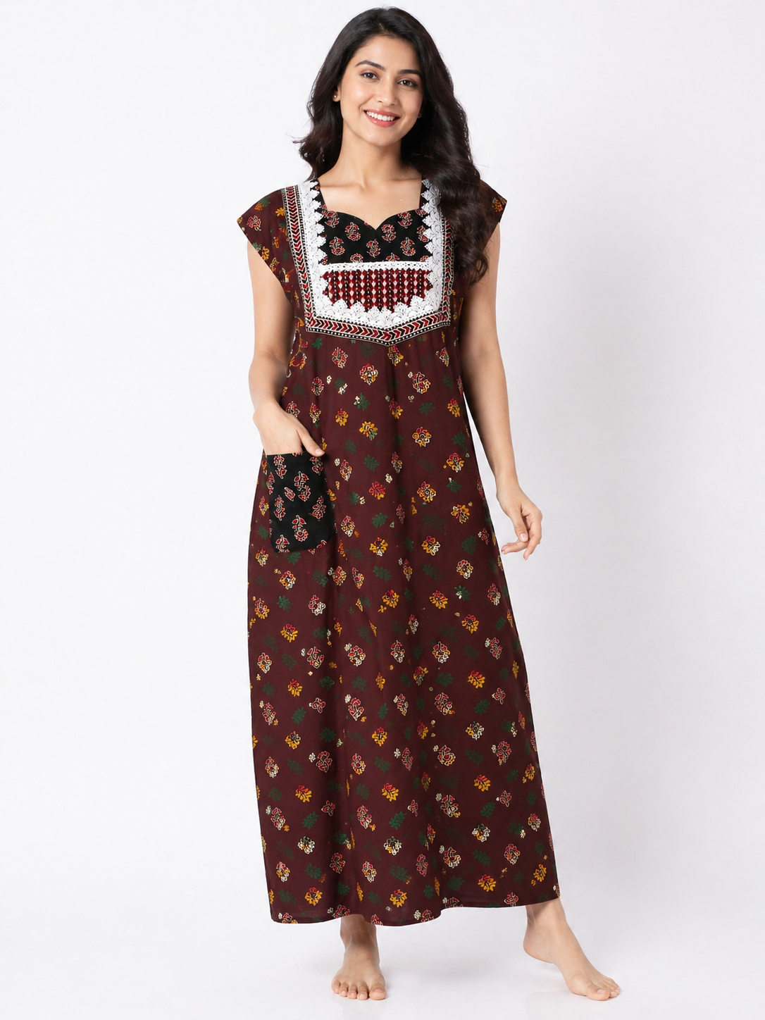 Pure Cotton Sleeveless designer Nighty | Brown