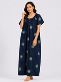 Pure Cotton Half Sleeve Nighty | Navy Blue