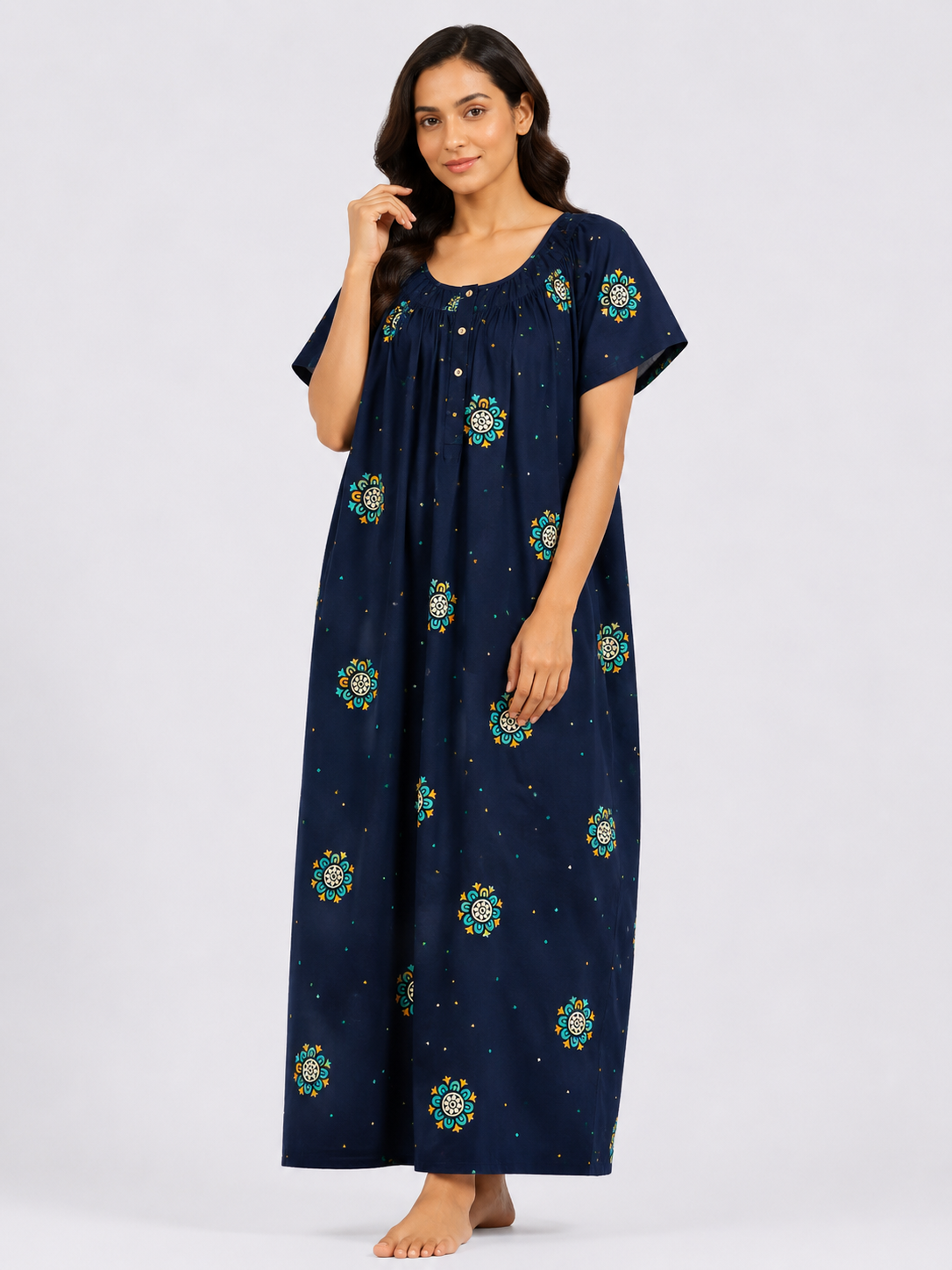 Pure Cotton Half Sleeve Nighty | Navy Blue